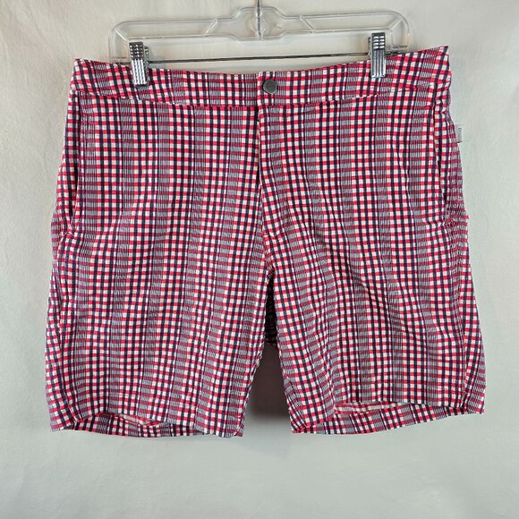 Onia Swim Trunks Mens XL Red Blue Check Swimwear Mesh Lined Hybrid Quick Dry - Picture 1 of 9